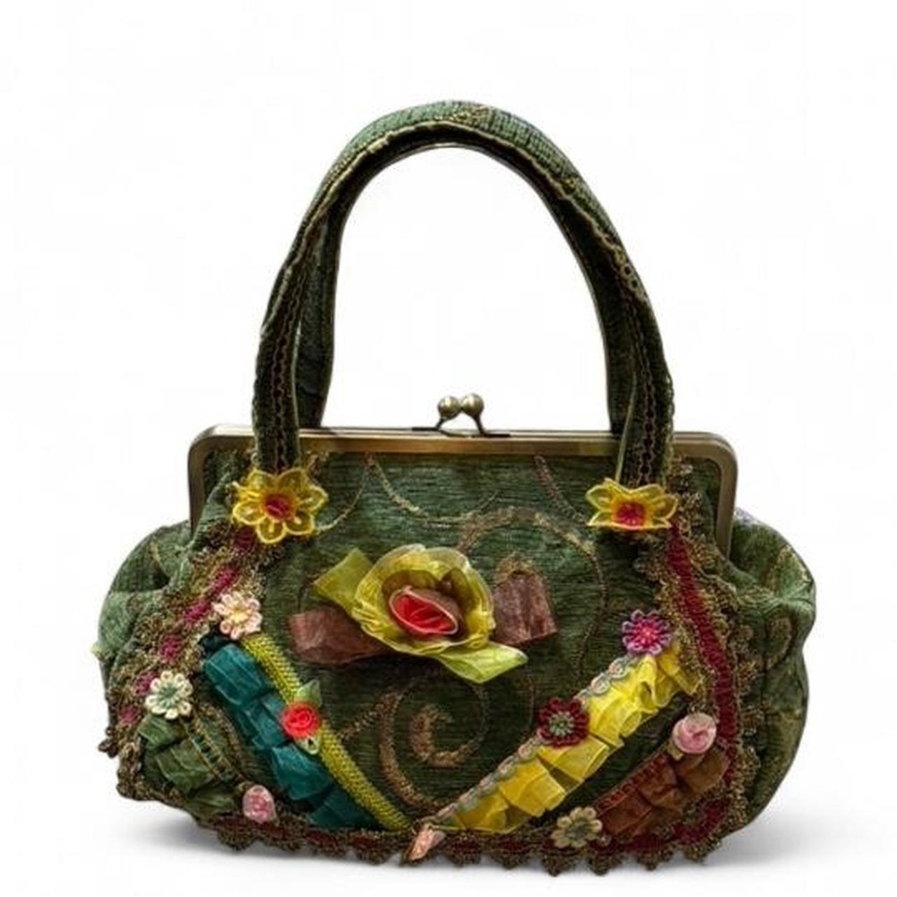 Vintage Inspired Green Floral Tapestry Embellished Handbag